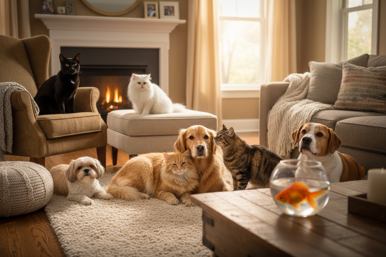 a variety of pets in a living room setting