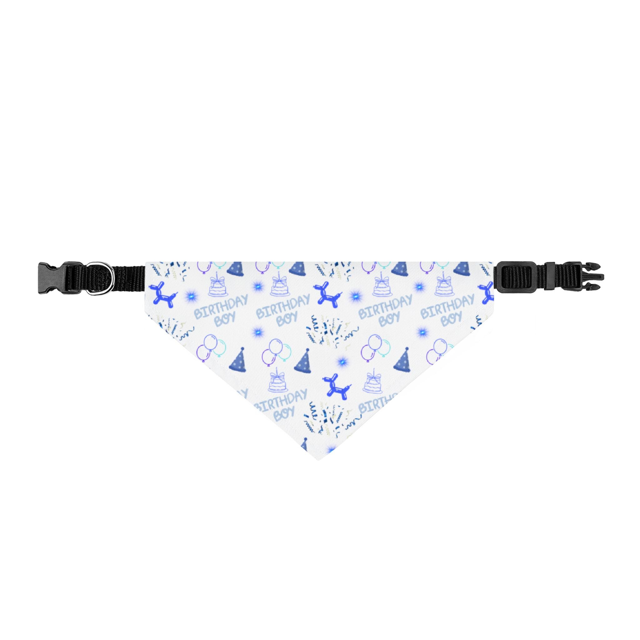 Dog bandana with blue birthday-themed design on a white background