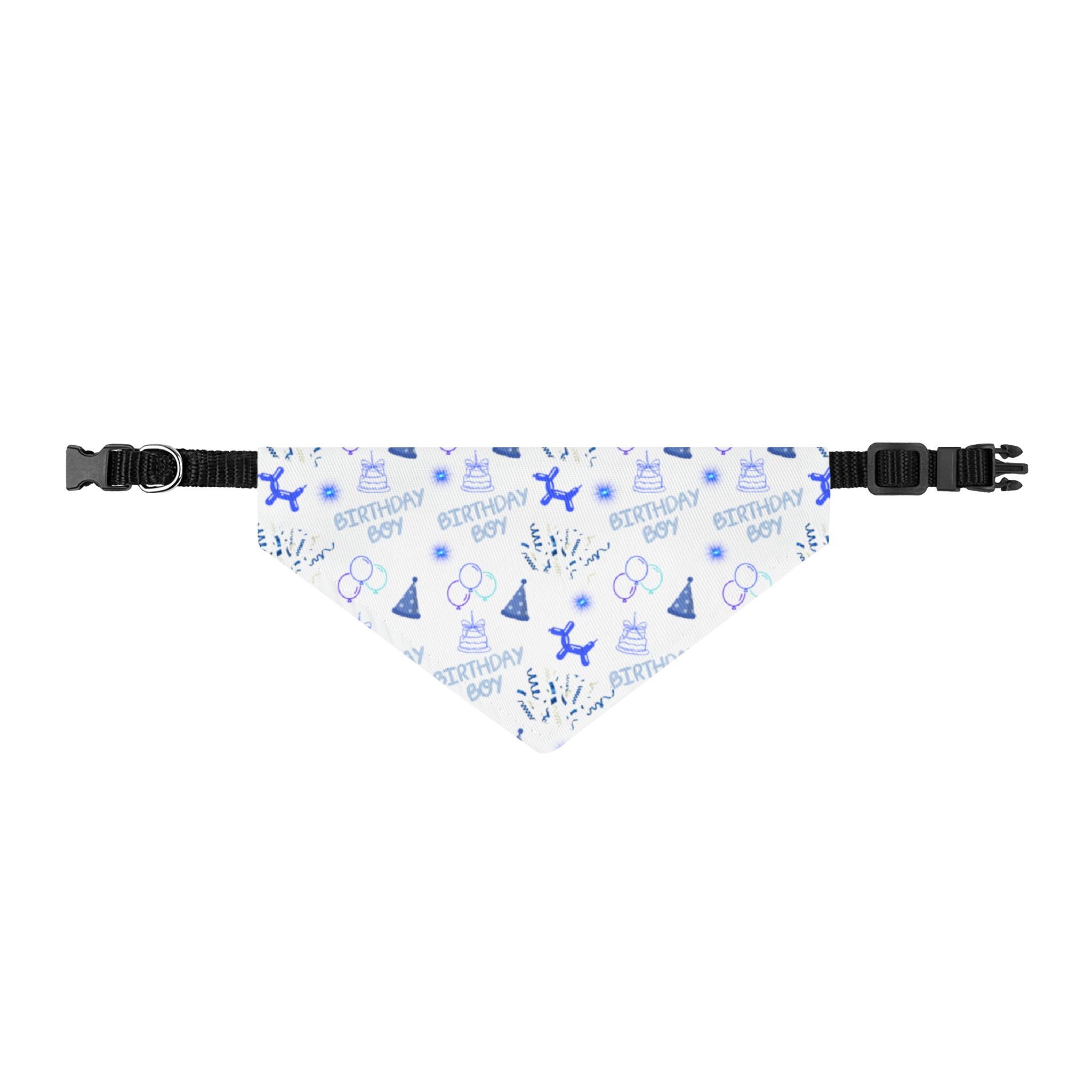 White bandana with blue birthday-themed designs on a white background