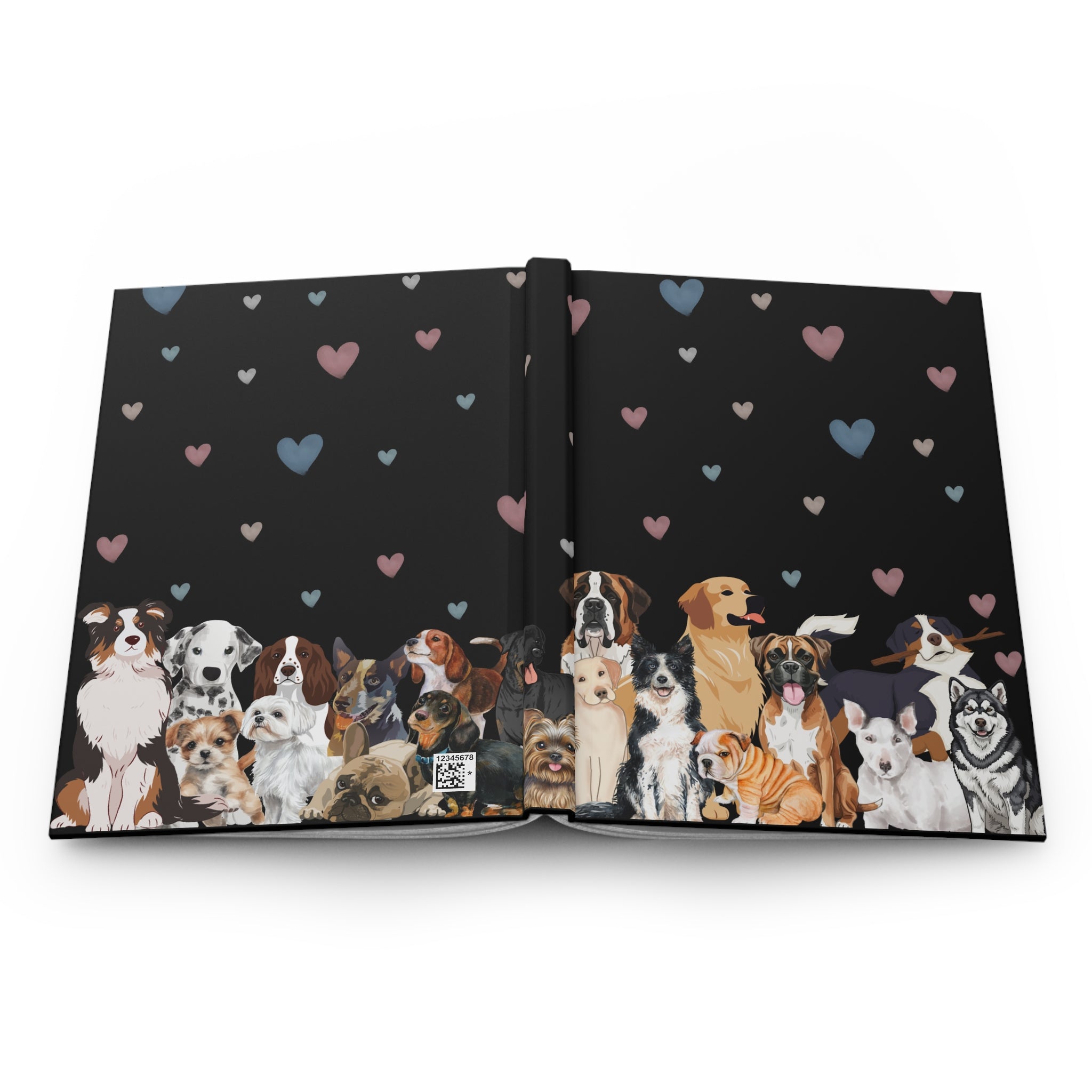 Open book with a black cover featuring illustrations of dogs and hearts on a white background