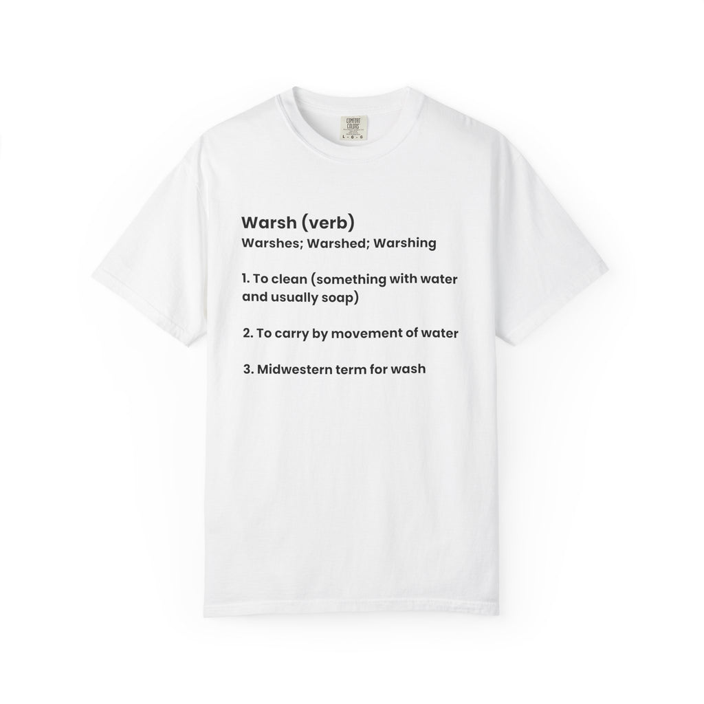 White t-shirt with black text on a white background