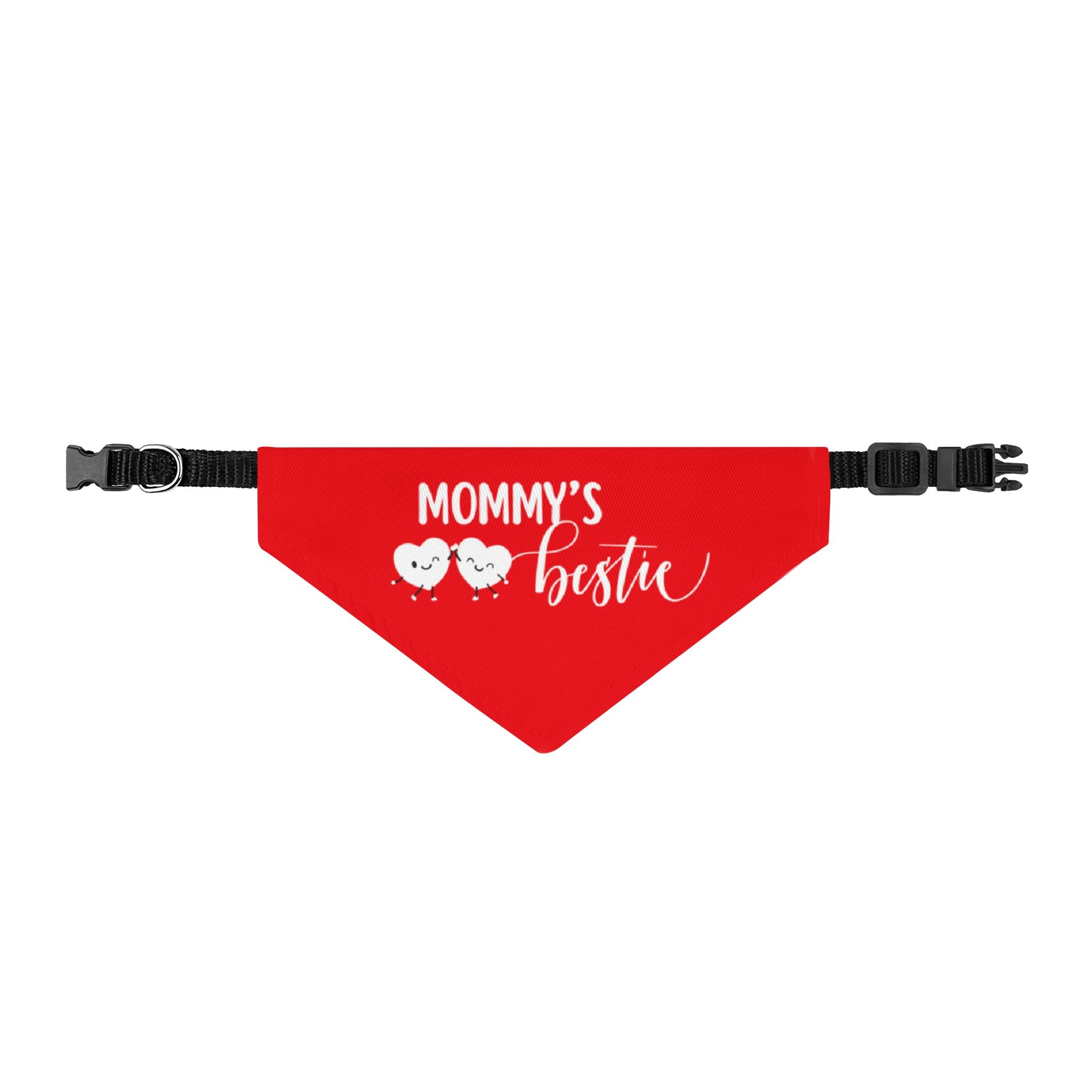 Red bandana with 'Mommy's bestie' text and heart designs on a white background
