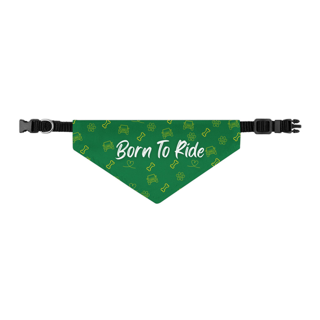 Green bandana with 'Born To Ride' text and dog bone pattern on a white background
