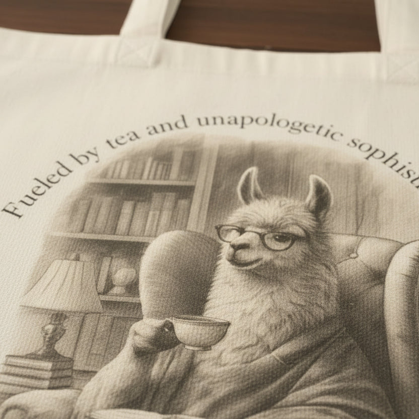 Tote bag with a llama holding a tea cup and books in the background