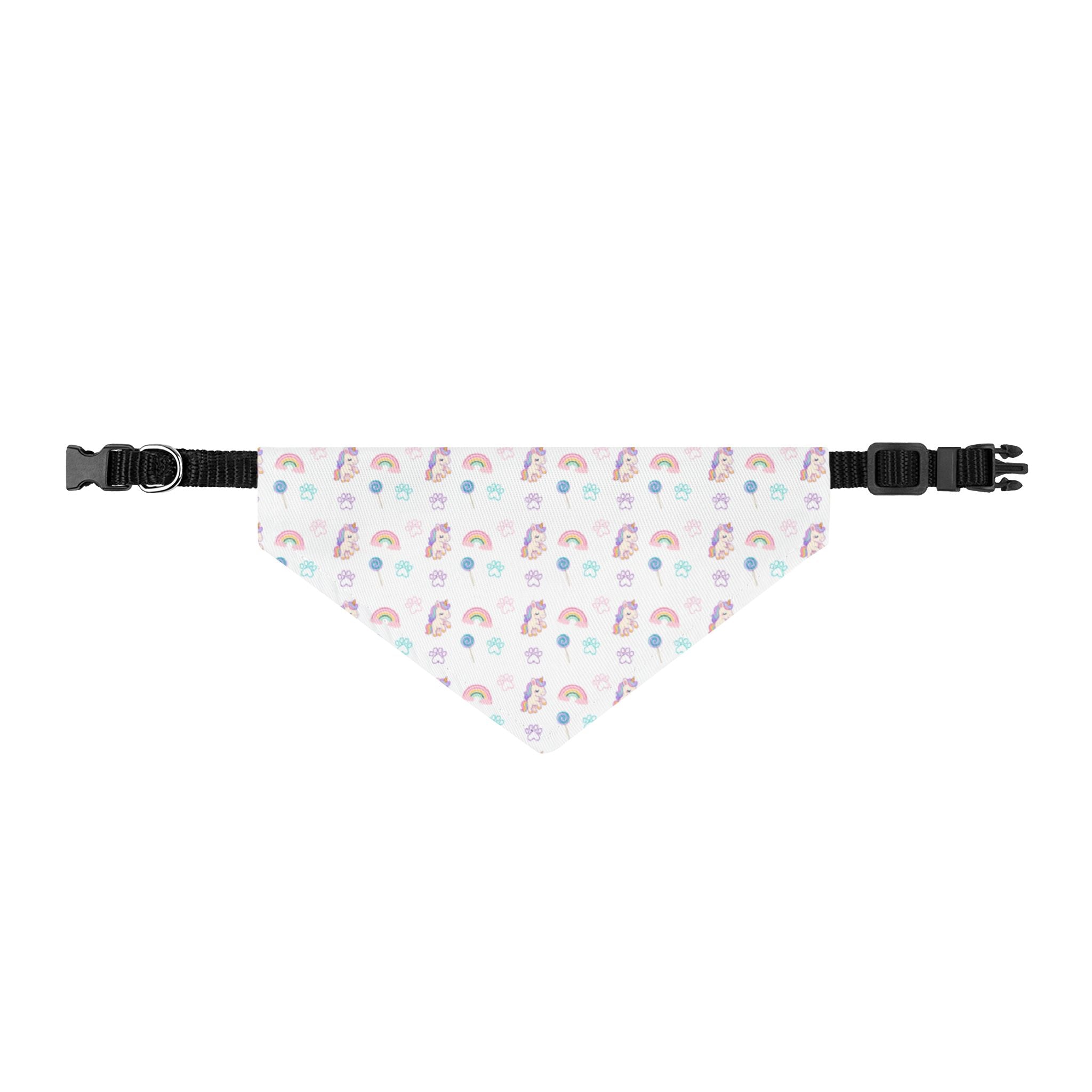Dog collar with a pattern of rainbows and polka dots on a white background