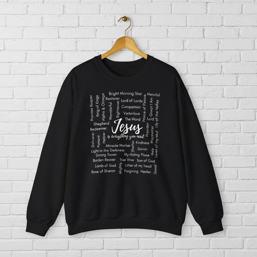 Black sweatshirt with white text on a white background