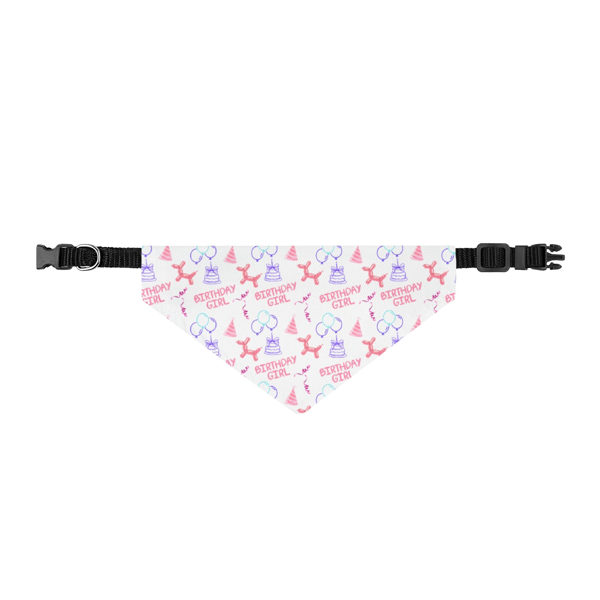 Dog bandana with 'Birthday Girl' text and pink bow design on a white background