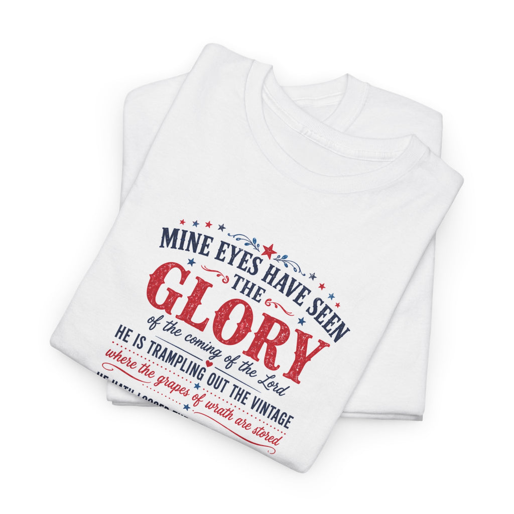White t-shirt with red and blue text design on a white background