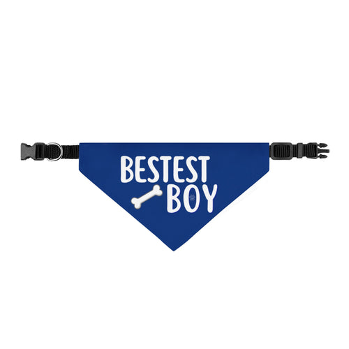 Blue dog bandana with 'BESTEST BOY' text and bone graphic on a white background