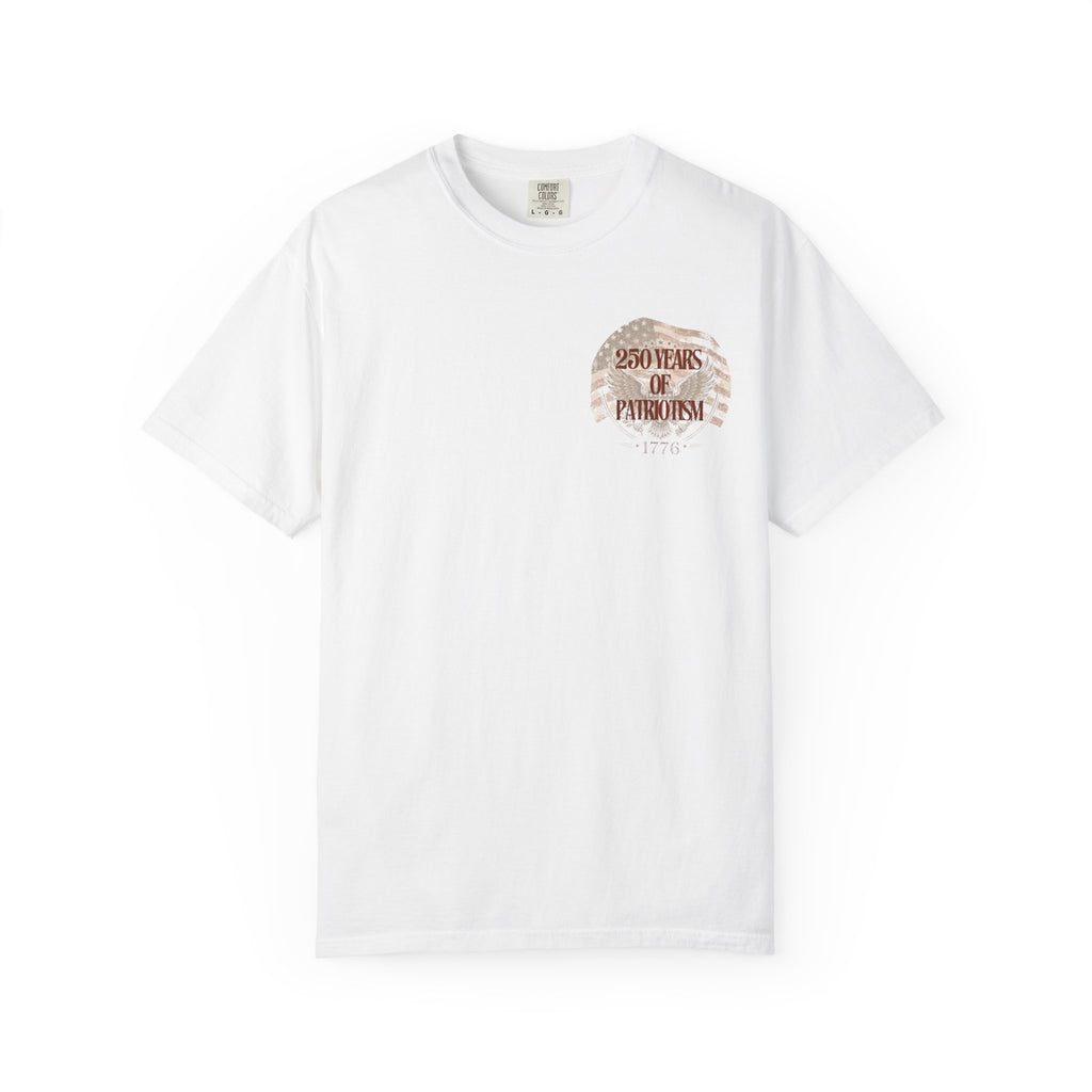 White t-shirt with a logo on the chest against a white background