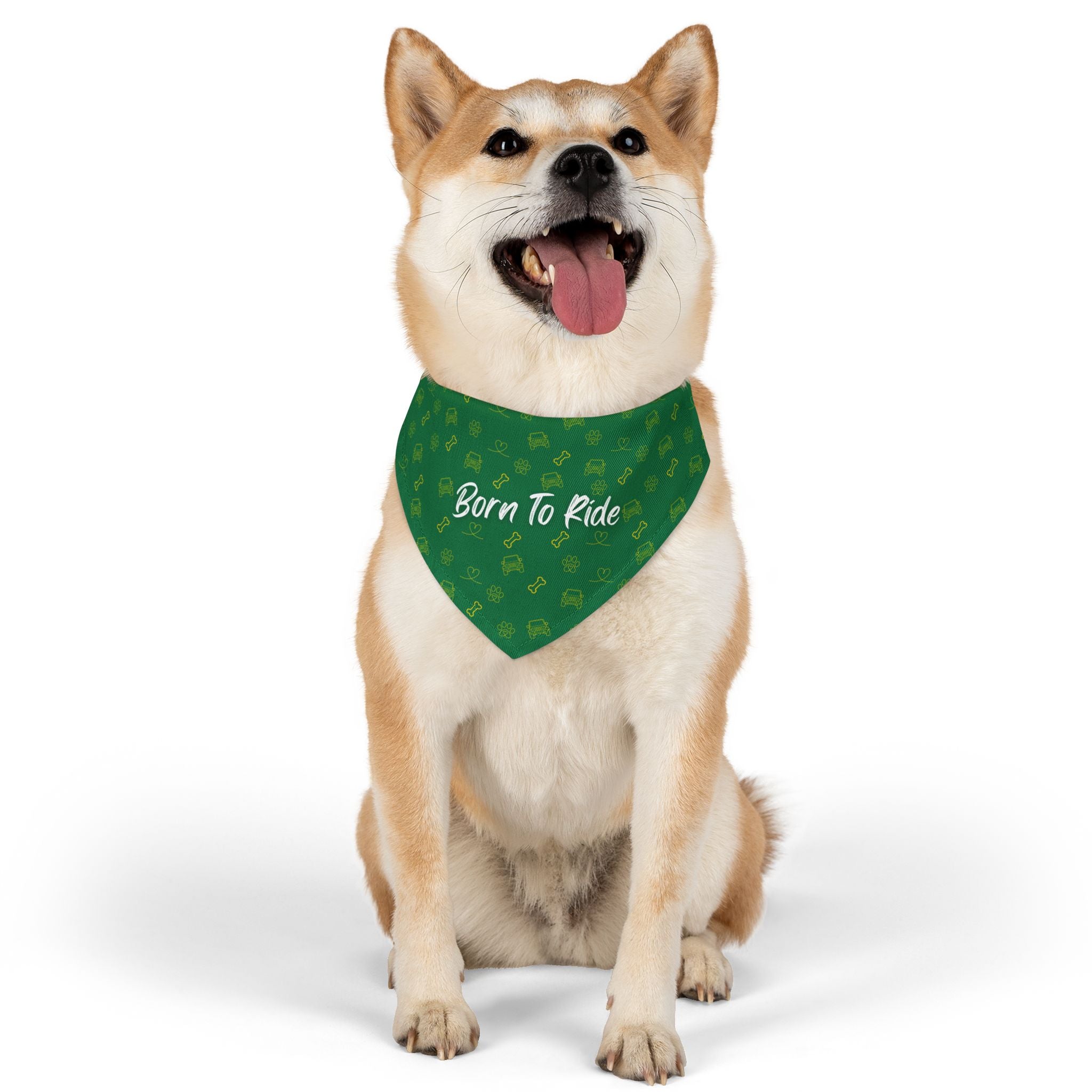 Dog wearing a green bandana with text on a white background