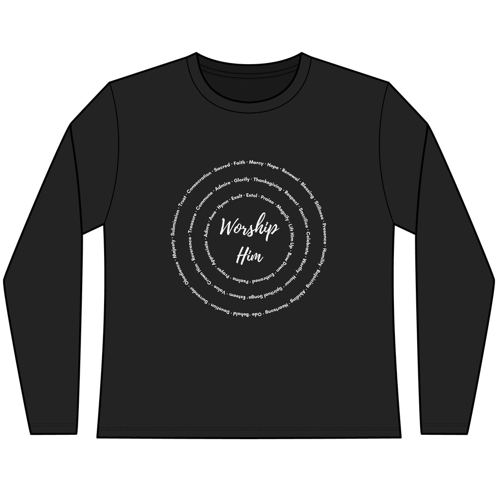 Black long-sleeve shirt with white text design on a white background