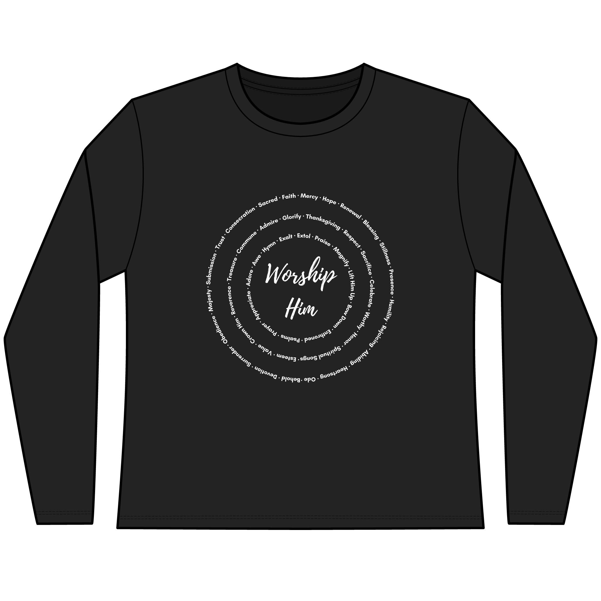 Black long-sleeve shirt with white text design on a white background