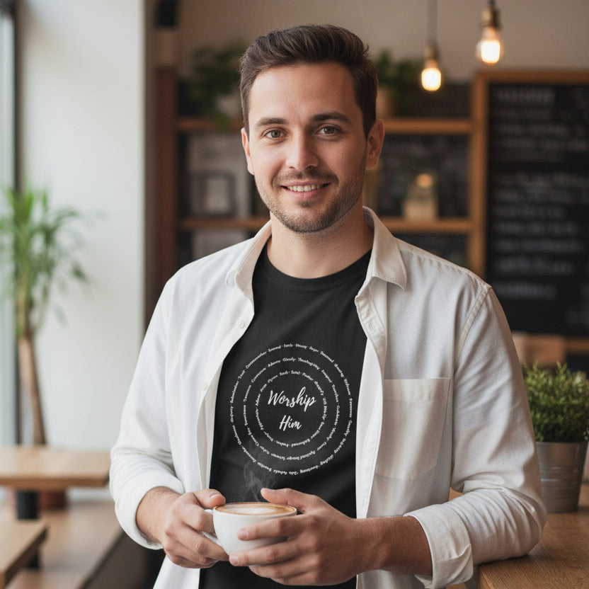 Black long-sleeve shirt with white text design on a white background