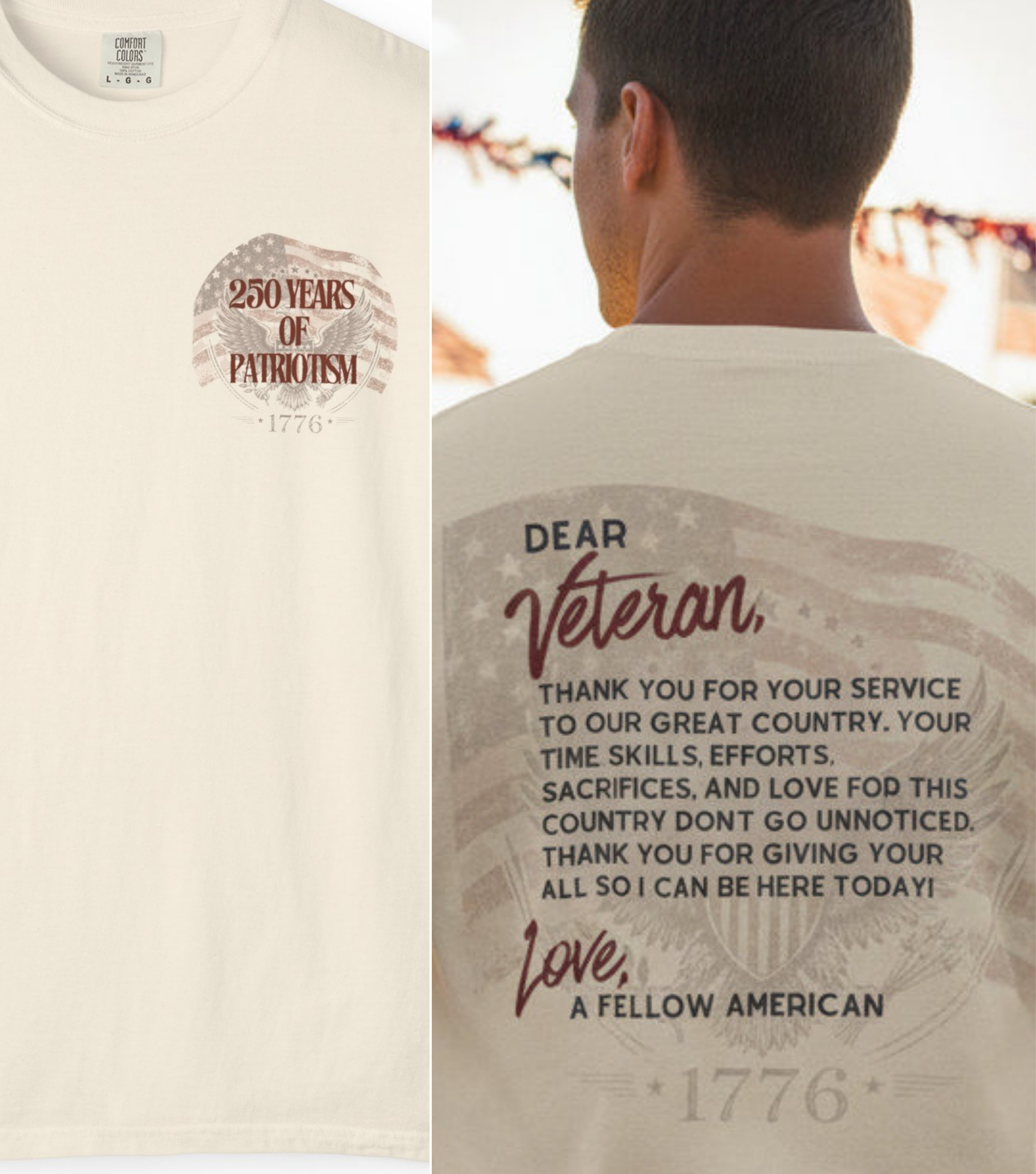 T-shirt with text and design on front and back, featuring a message to veterans.