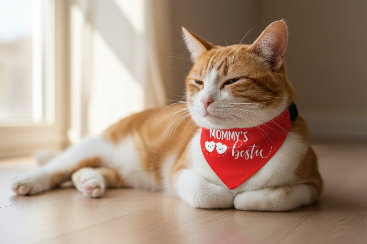 Red dog bandana with 'Mommy's bestie' text and heart designs on a white background