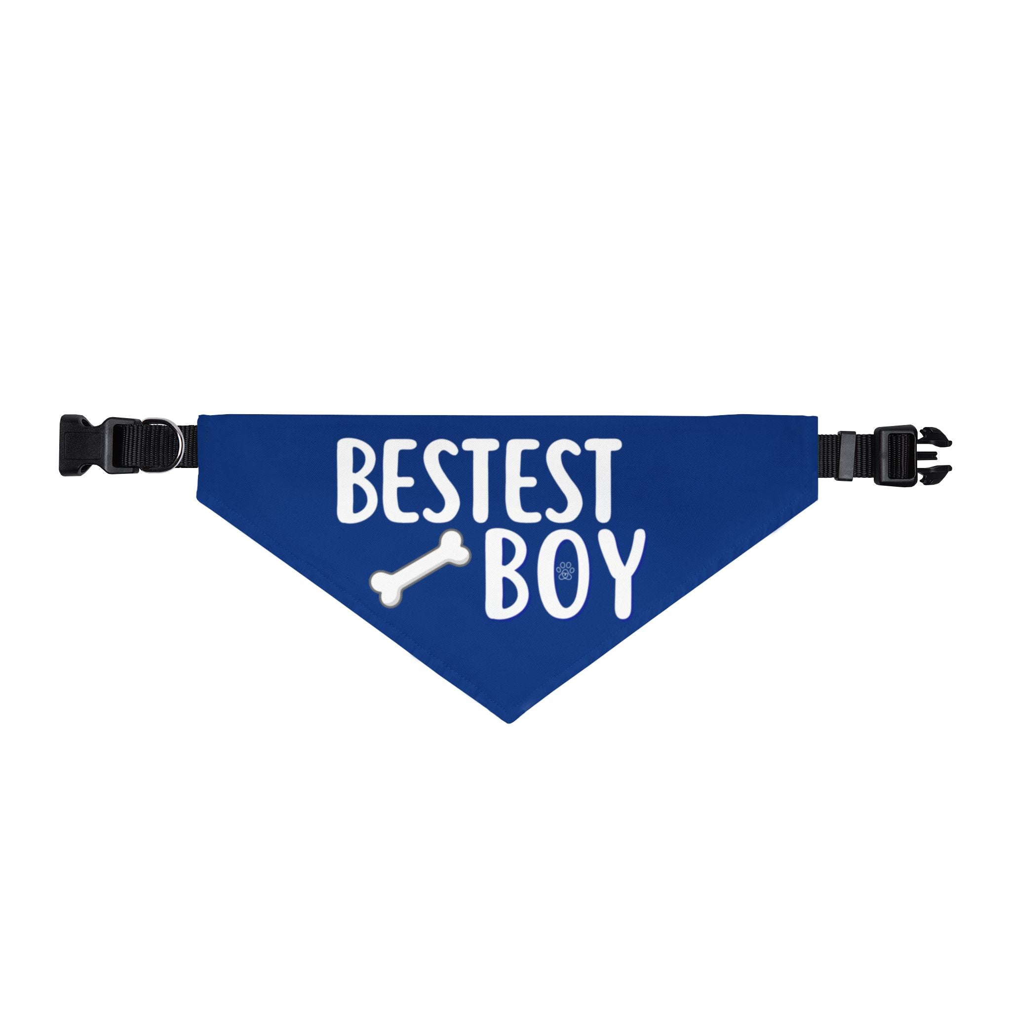 Blue dog bandana with 'BESTEST BOY' text and bone graphic on a white background