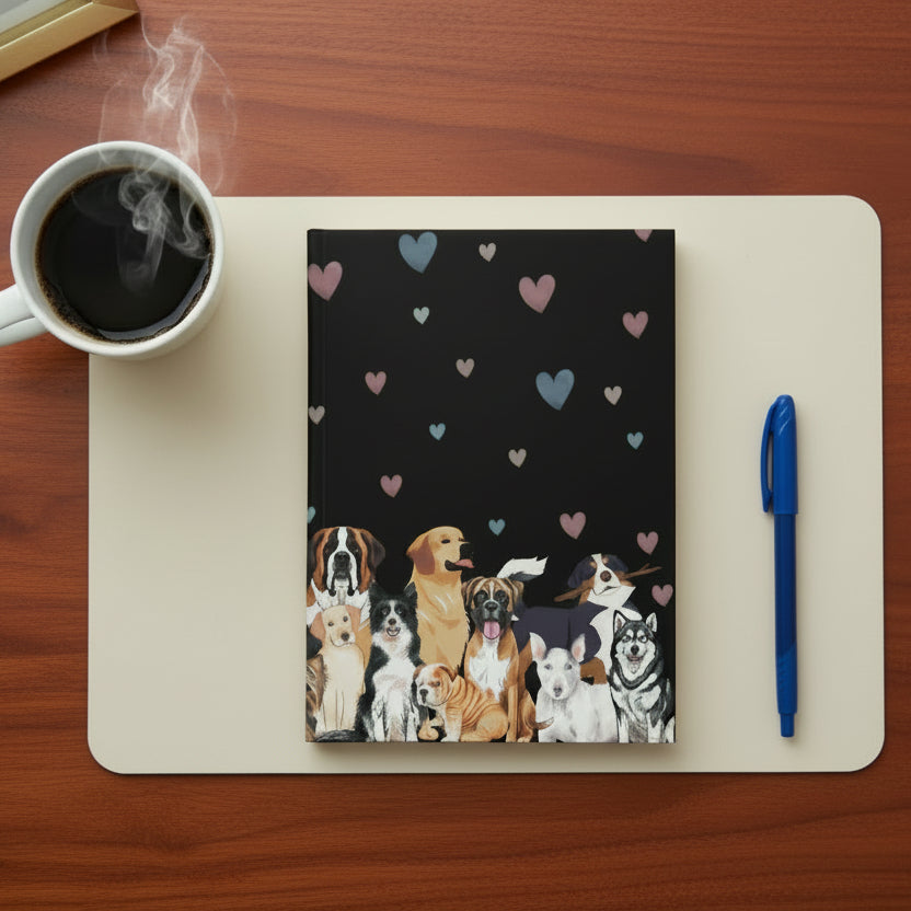 Notebook cover with illustrations of dogs and hearts on a black background