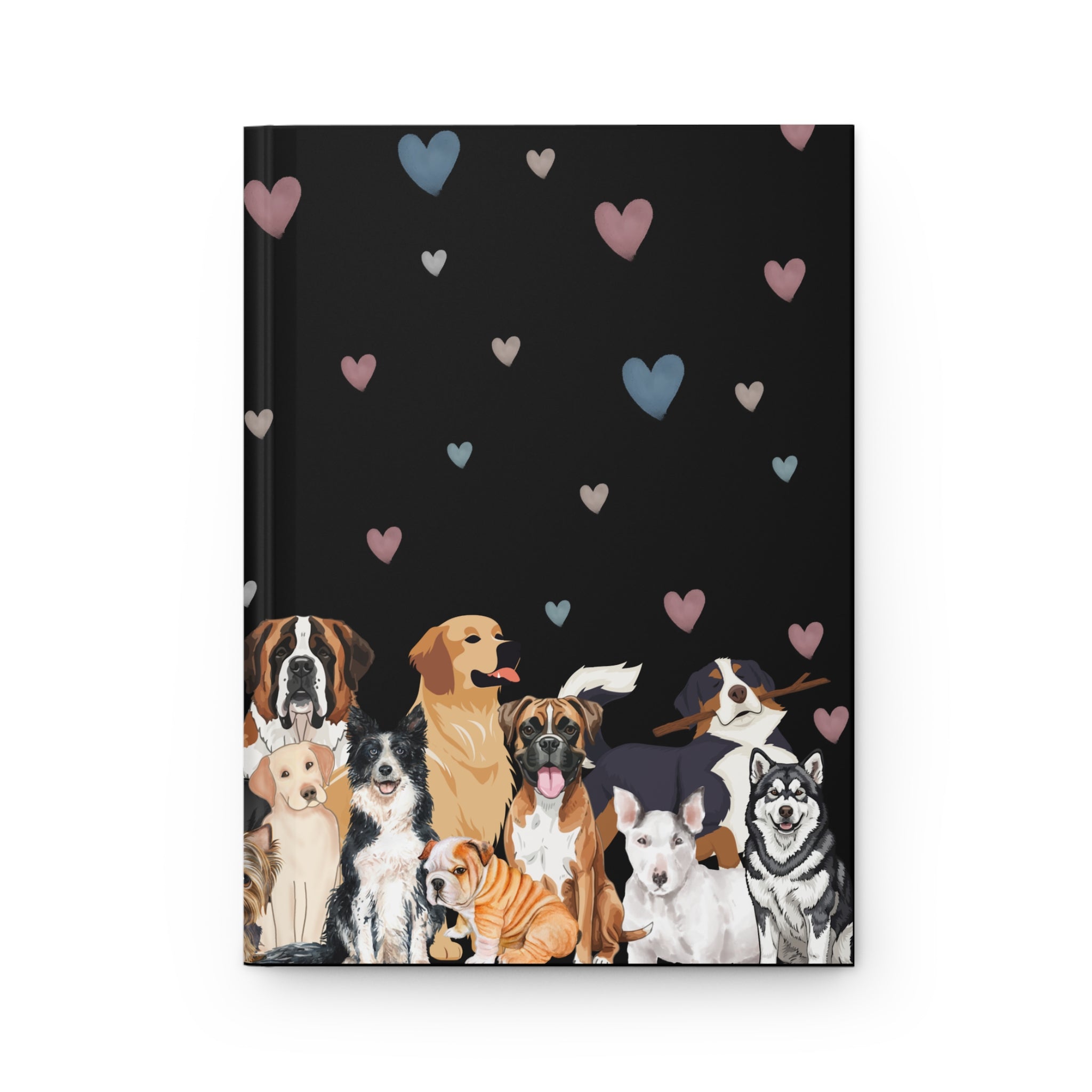 Notebook cover with illustrations of dogs and hearts on a black background