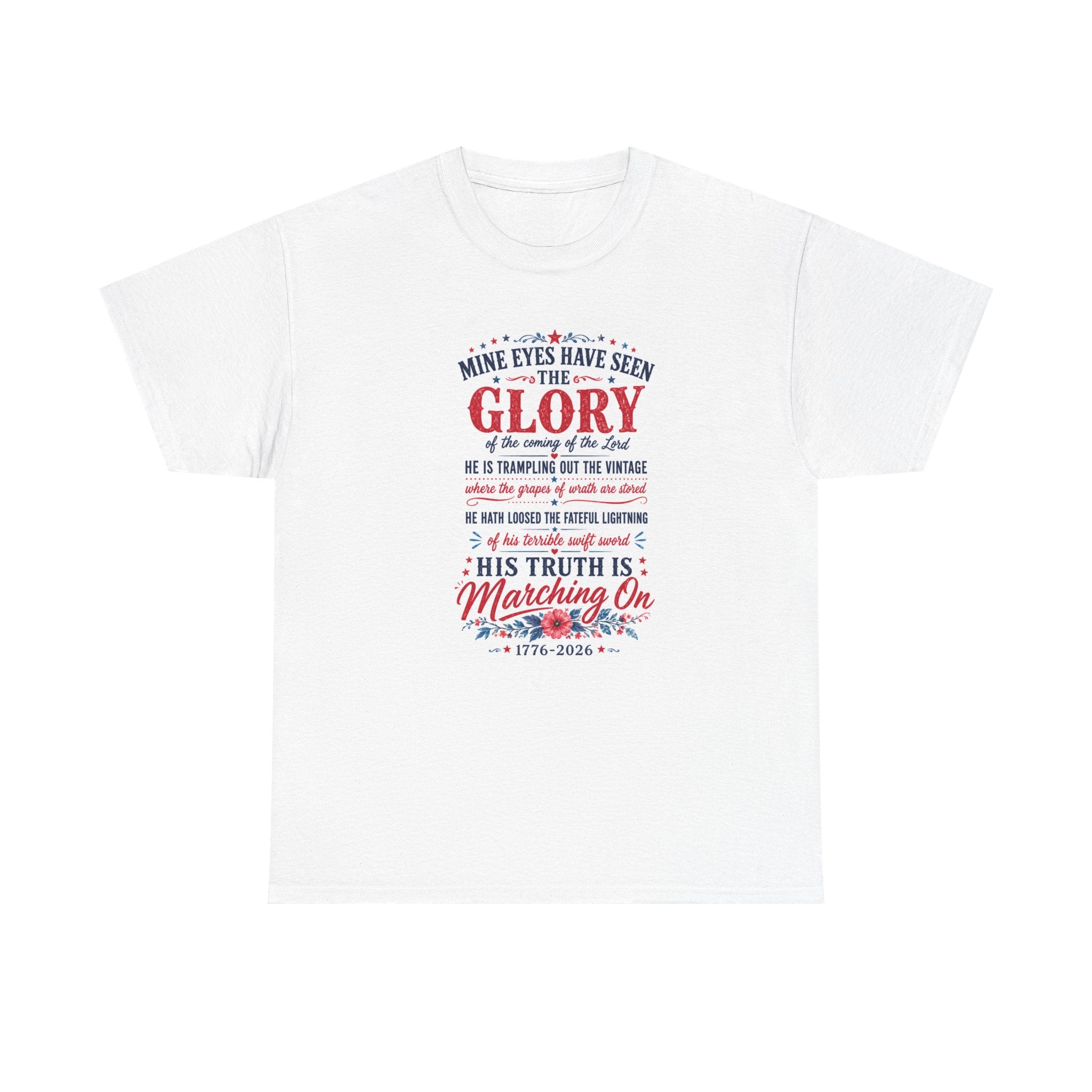 White t-shirt with red and blue text and floral design on a white background