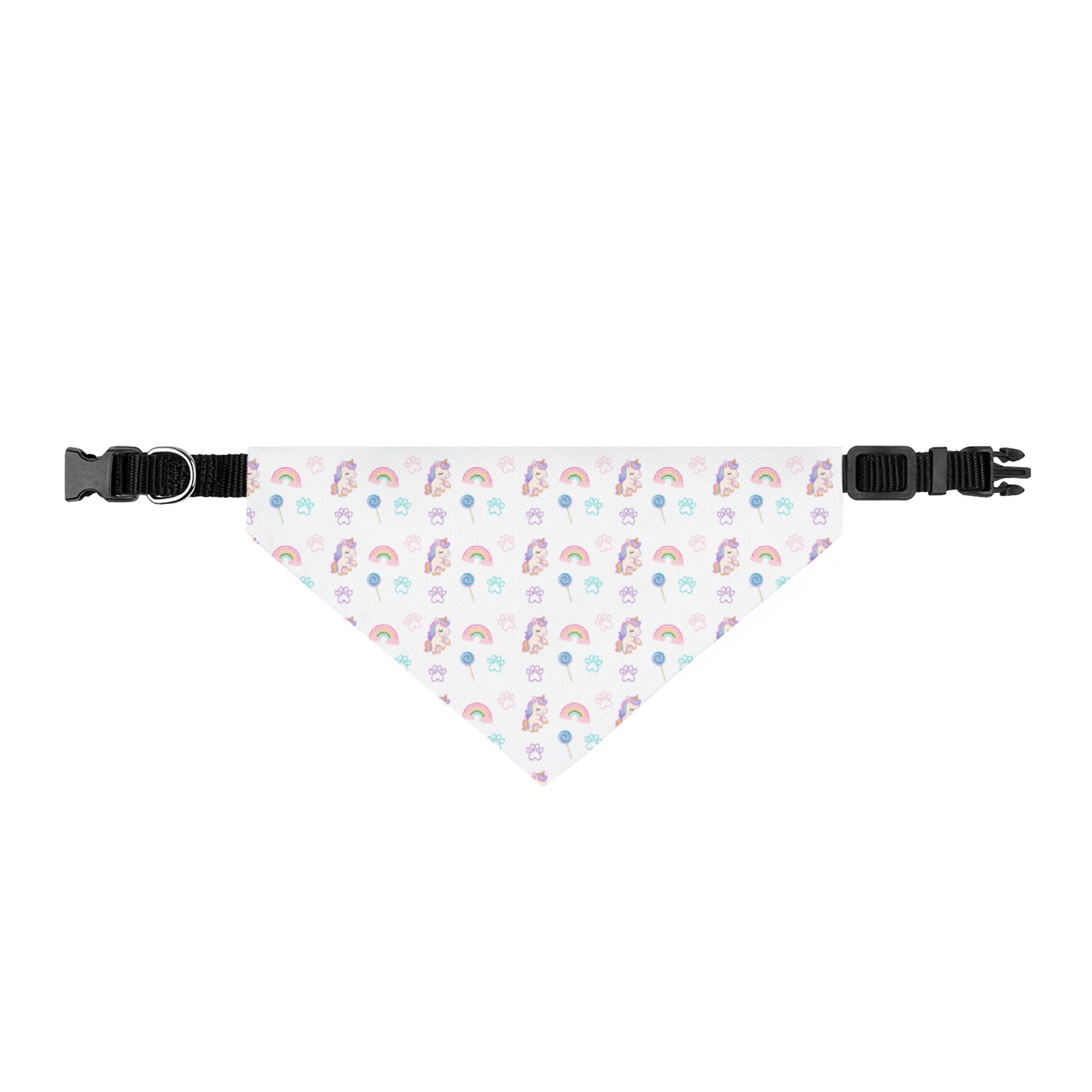Dog bandana with rainbow and cloud pattern on a white background