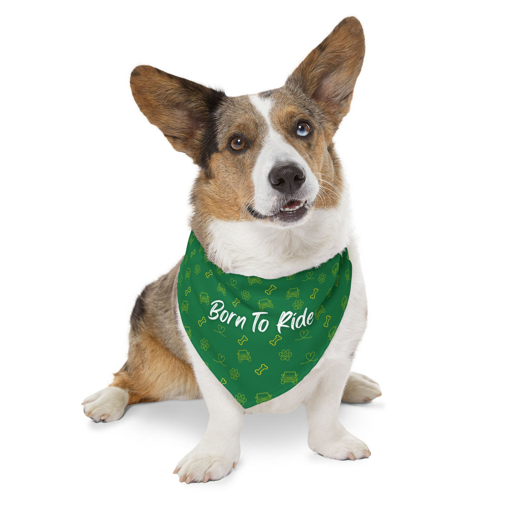 Dog wearing a green bandana with 'Born To Ride' text on a white background