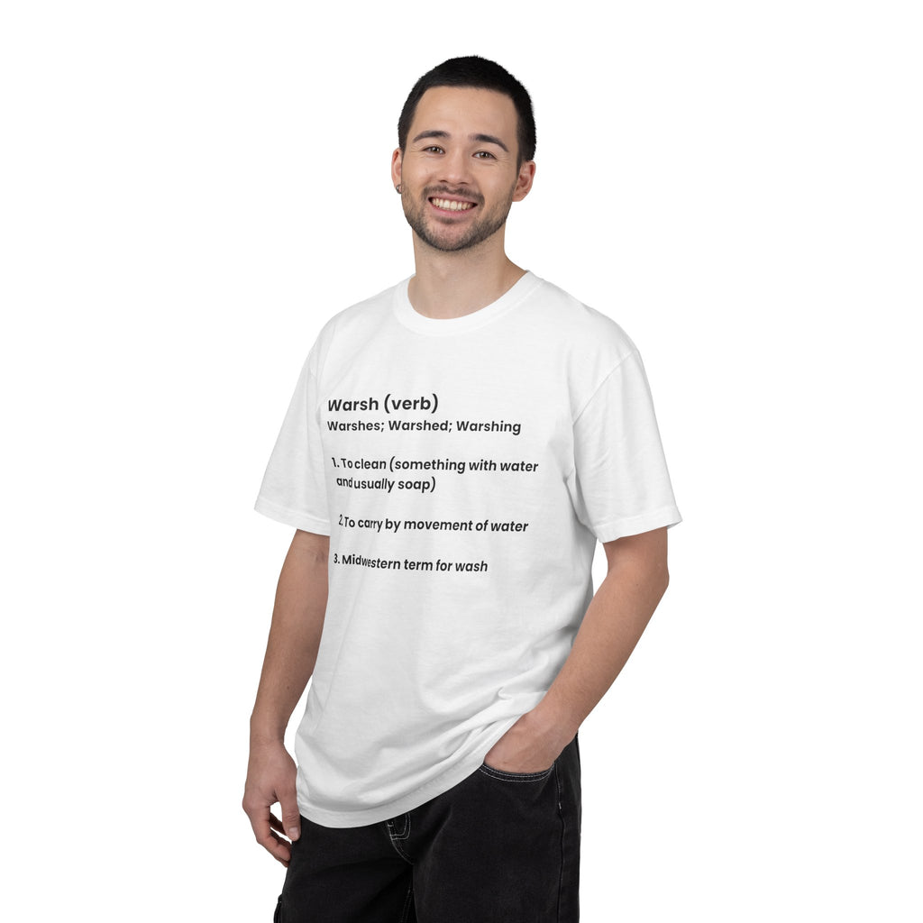 Man wearing a white t-shirt with text design on a white background