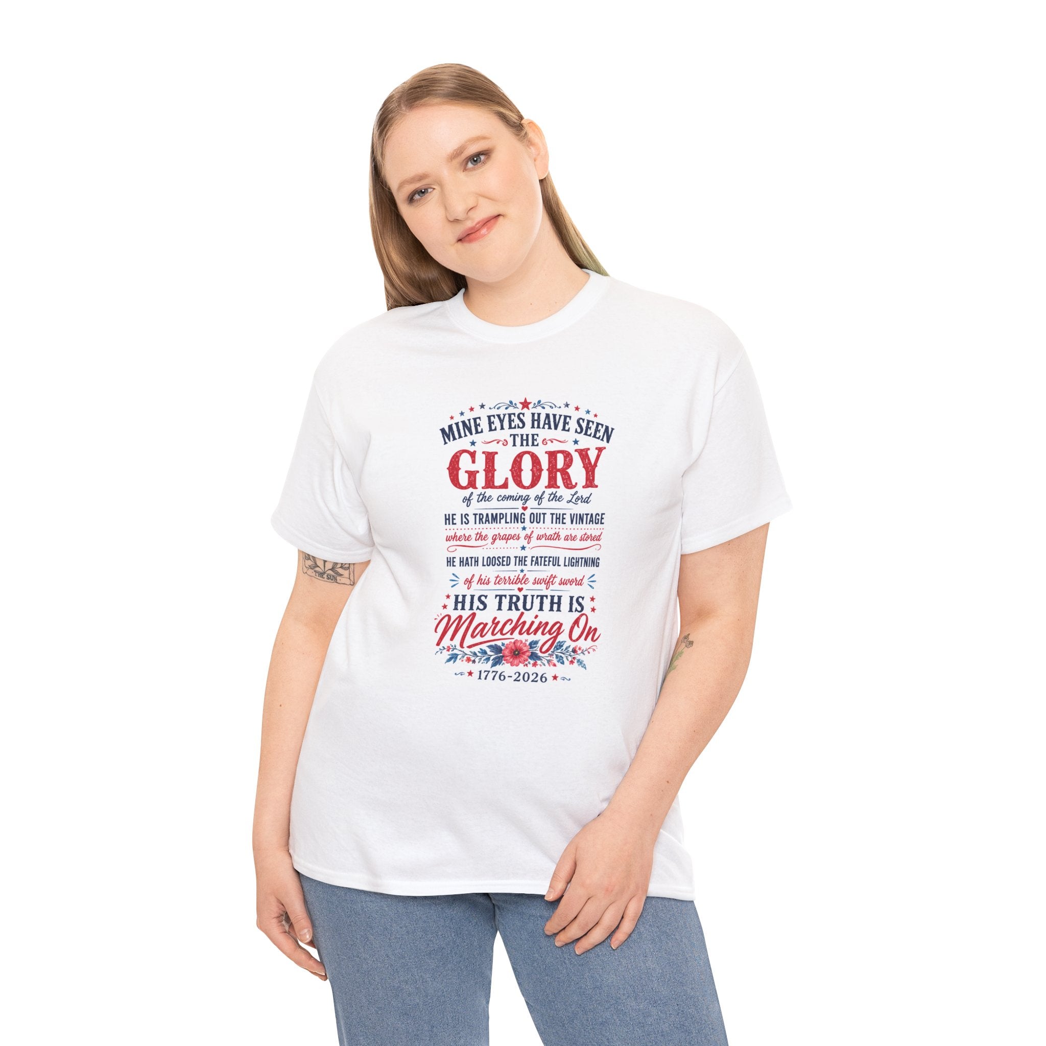 Person wearing a white t-shirt with text and design on a white background