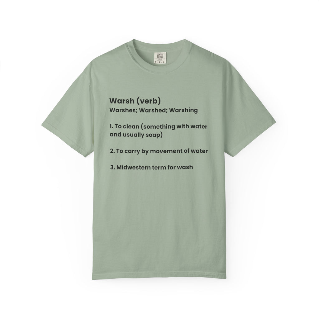 Green t-shirt with black text on a white background