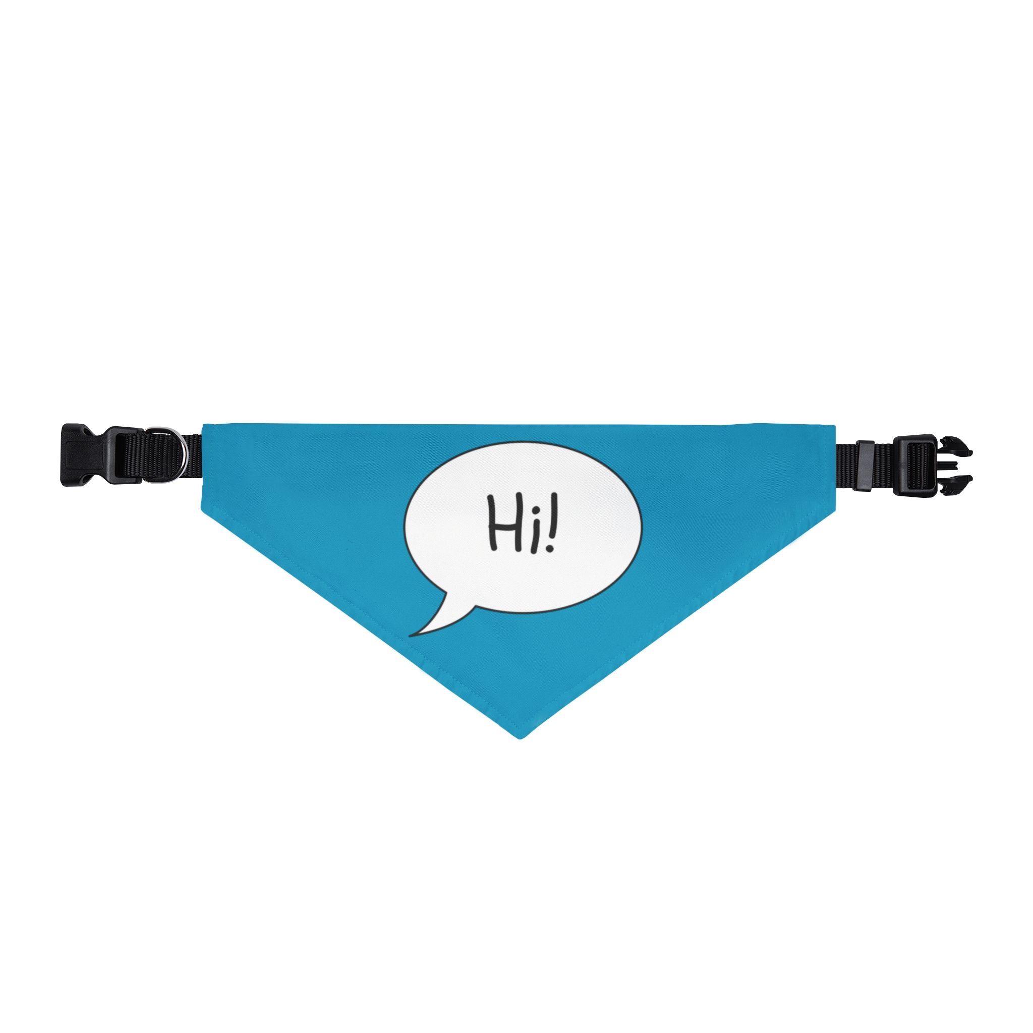 Blue dog bandana with a white speech bubble saying 'Hi!' on a white background