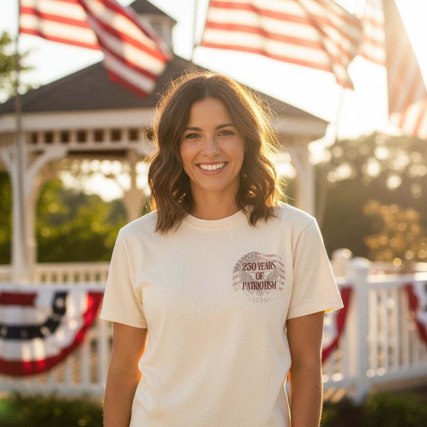 Beige t-shirt with a graphic design on a white background
