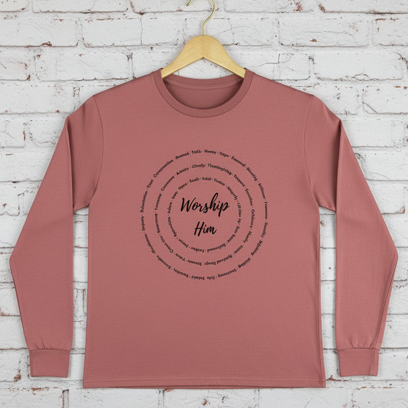 Red long-sleeve shirt with 'Worship Him' text design on a white background