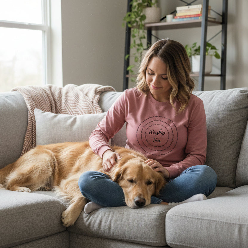Red long-sleeve shirt with 'Worship Him' text design on a white background