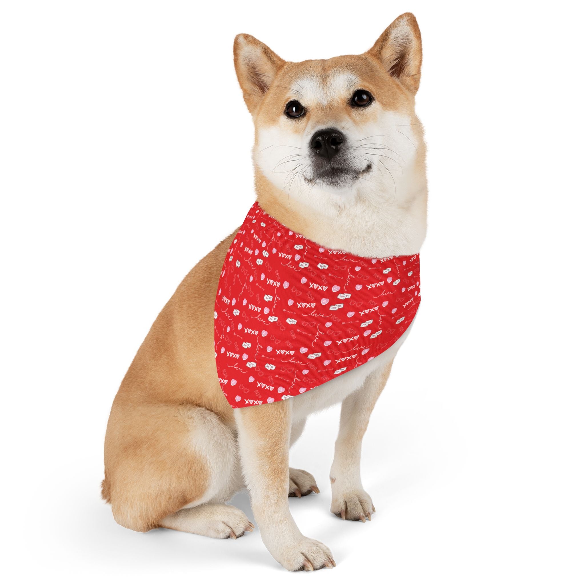 Dog wearing a red bandana with white patterns on a white background