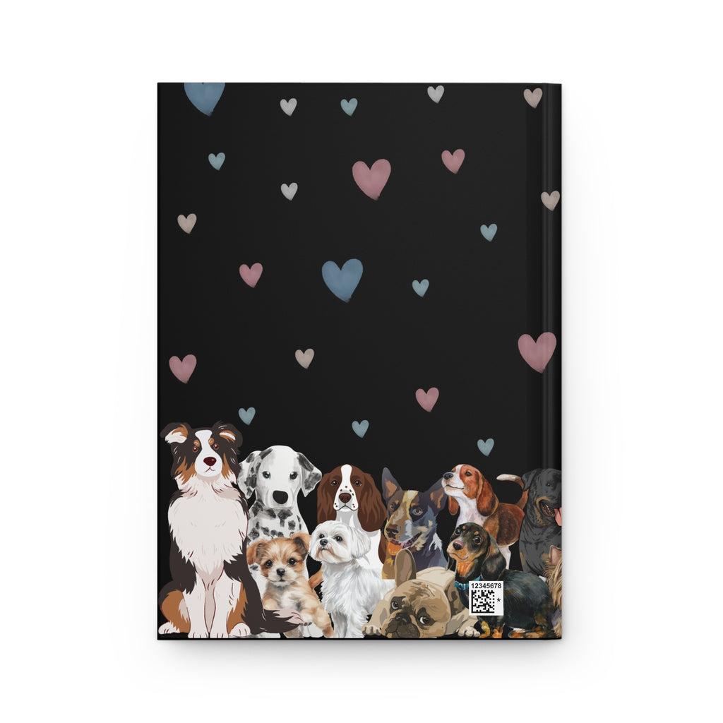Notebook with dog illustrations and heart patterns on a black background