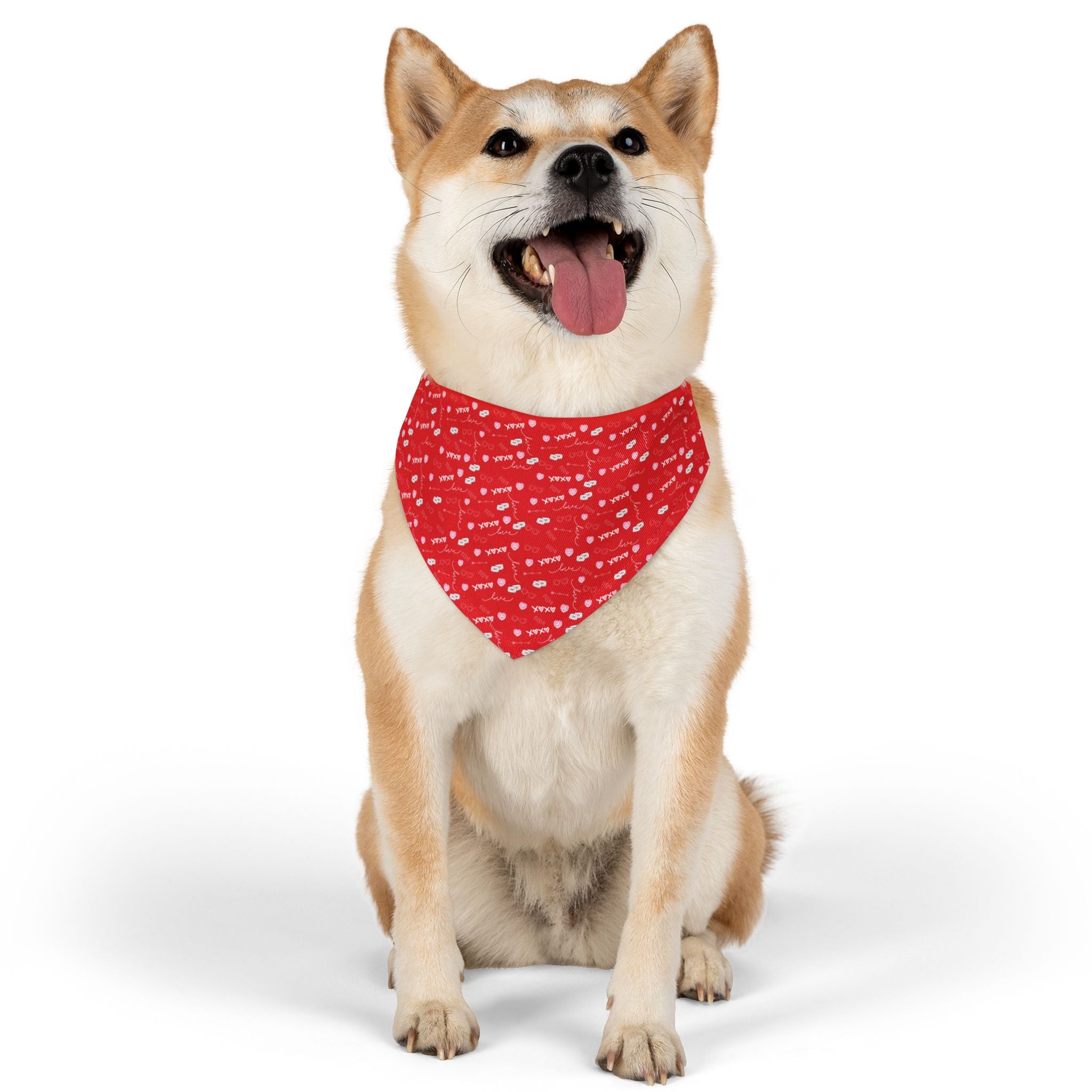 Dog wearing a red bandana with white patterns on a white background