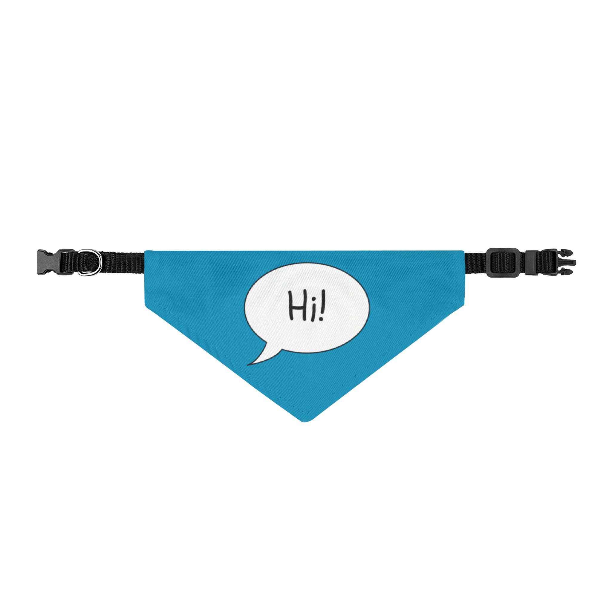 Blue dog bandana with a white speech bubble saying 'Hi!' on a white background