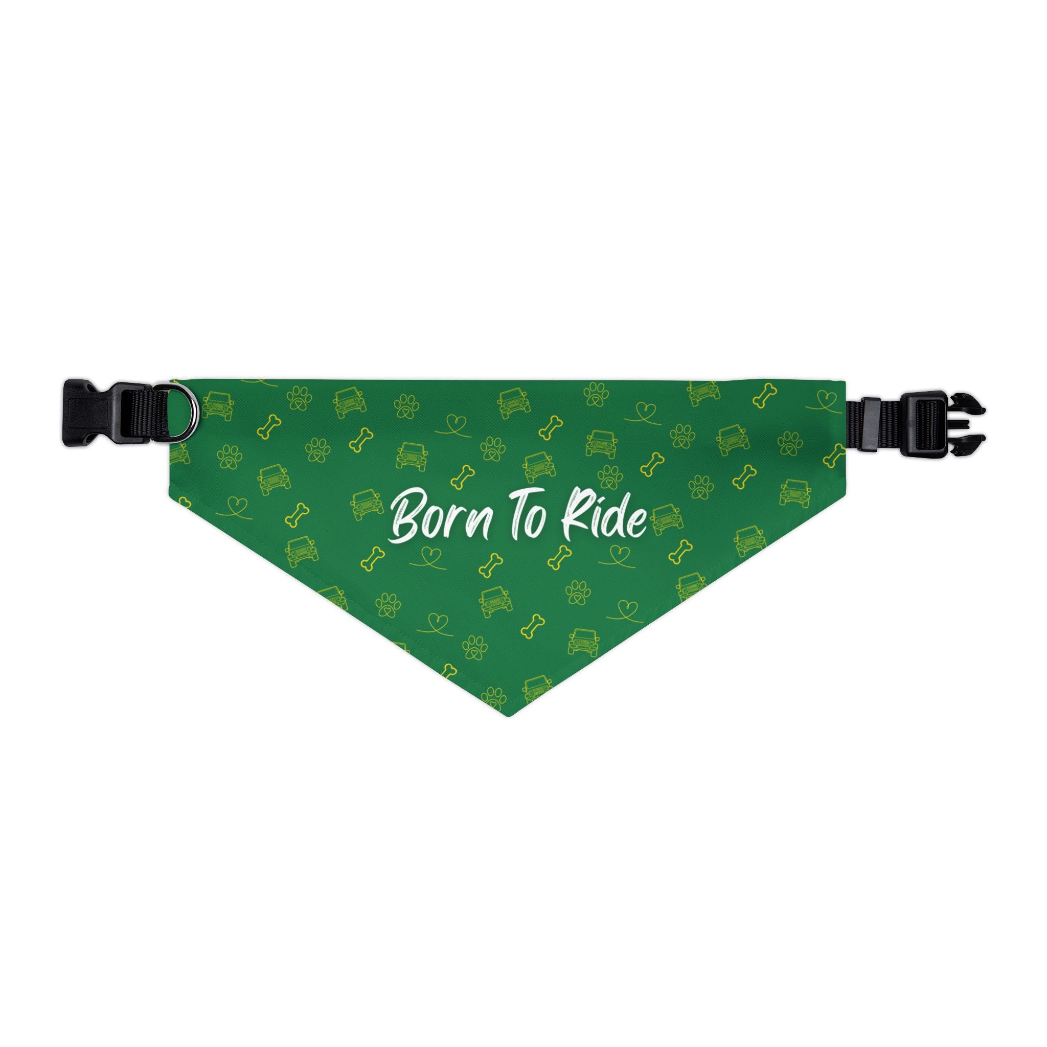 Green pet bandana with 'Born To Ride' text and black buckle on a white background