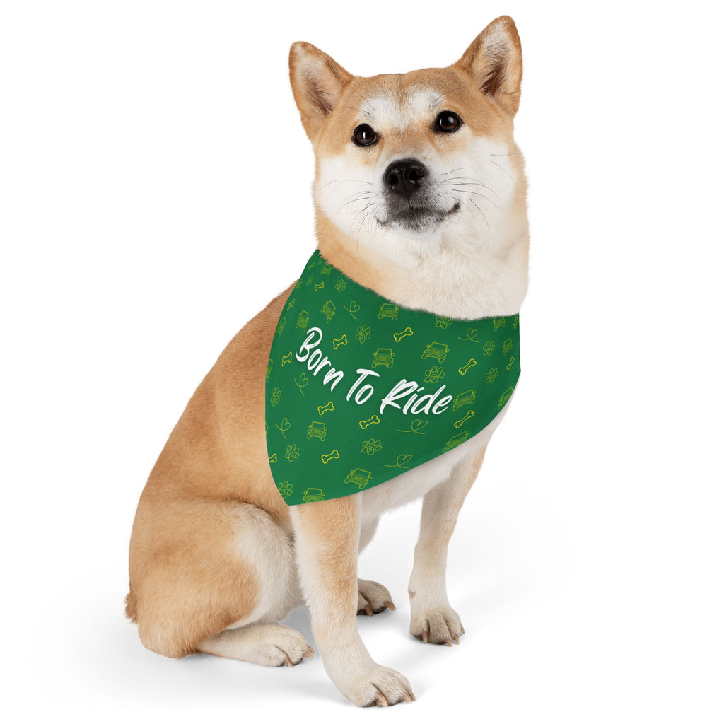 Dog wearing a green bandana with 'Born To Ride' text on a white background