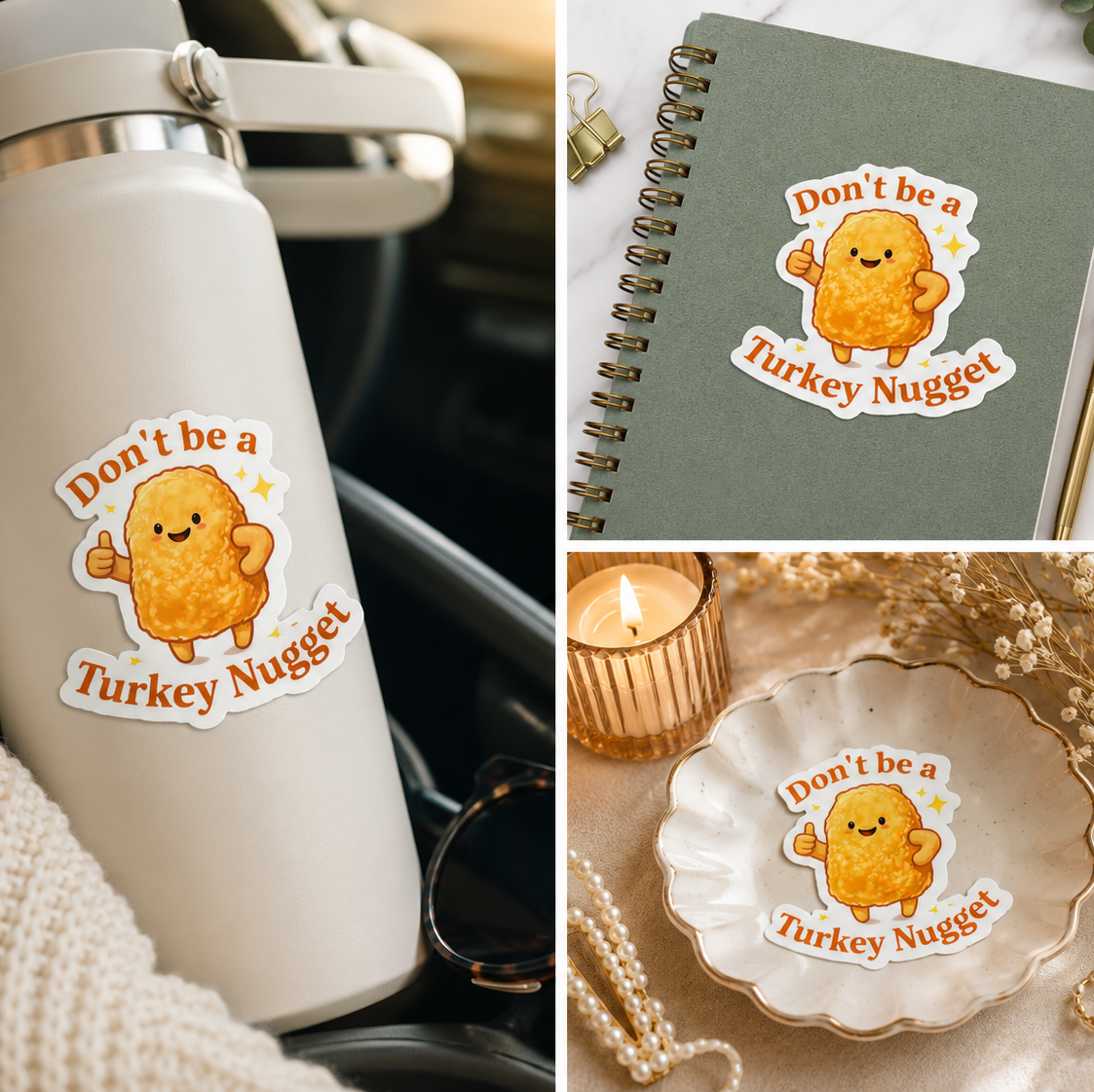 A collage showing the same printed sticker design applied to different products: a white insulated tumbler, a dark green spiral notebook, and a white scalloped dish. The sticker reads “Don’t be a Turkey Nugget” with a cute golden nugget character.