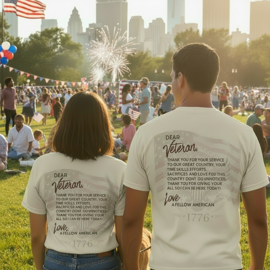 Two people wearing t-shirts with text, one on the front and one on the back, on a white background.