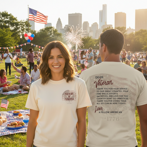 Two people wearing t-shirts with text, one on the front and one on the back, on a white background.