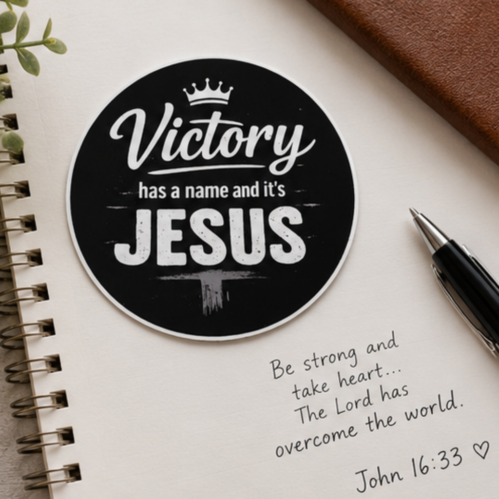 A round black sticker with white text reading 'Victory has a name and it's JESUS' is placed on an open notebook page, alongside a pen, a brown leather journal, and a small plant sprig.