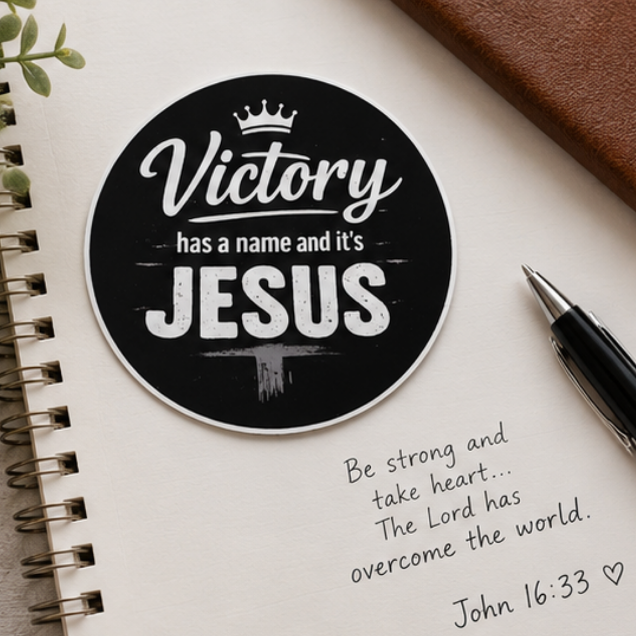 A round black sticker with white text reading 'Victory has a name and it's JESUS' is placed on an open notebook page, alongside a pen, a brown leather journal, and a small plant sprig.