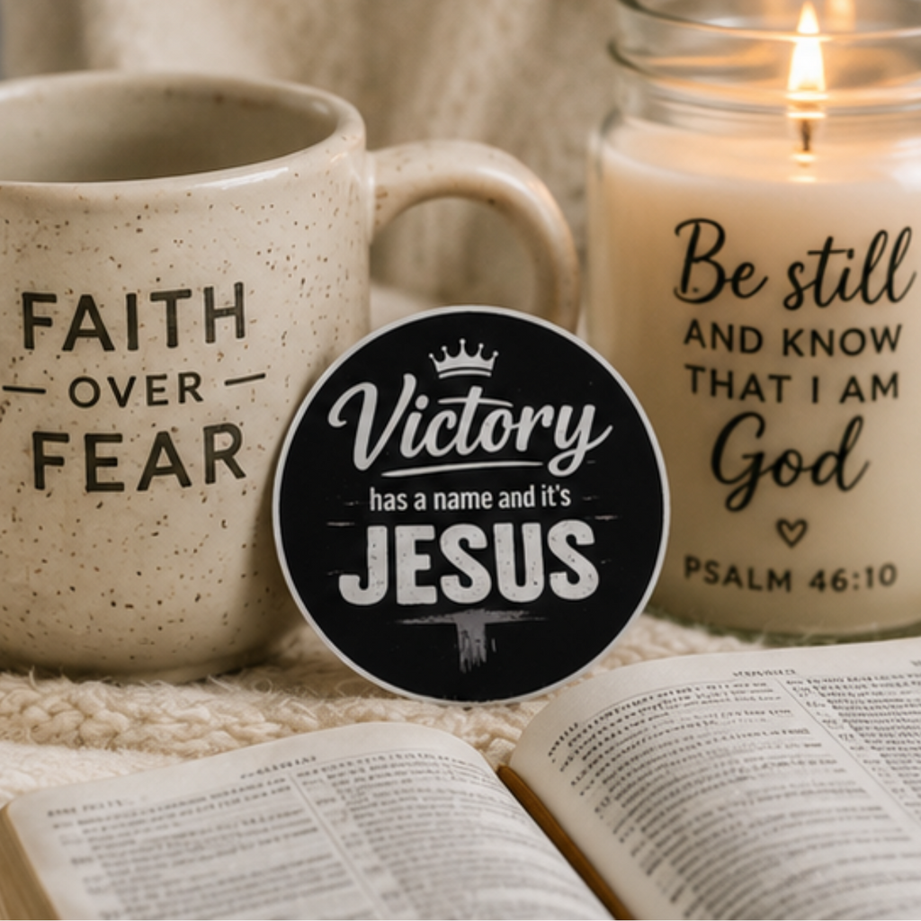 A round black sticker with white text reading 'Victory has a name and it's JESUS' is shown in the foreground, surrounded by cozy lifestyle props including a speckled mug that says 'FAITH OVER FEAR,' a lit candle that says 'Be still AND KNOW THAT I AM God,' and an open book.