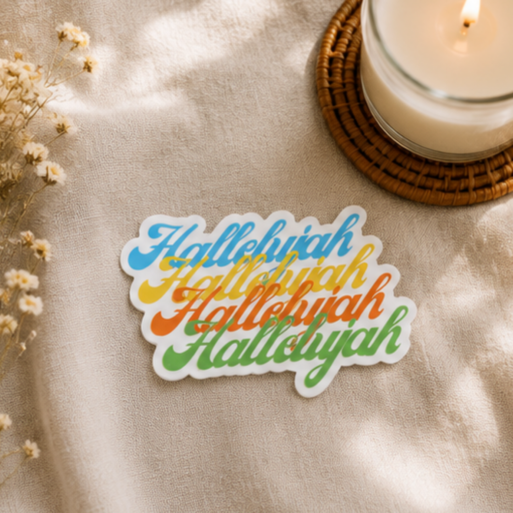 The word Hallelujah repeated four times descending down in different colors.